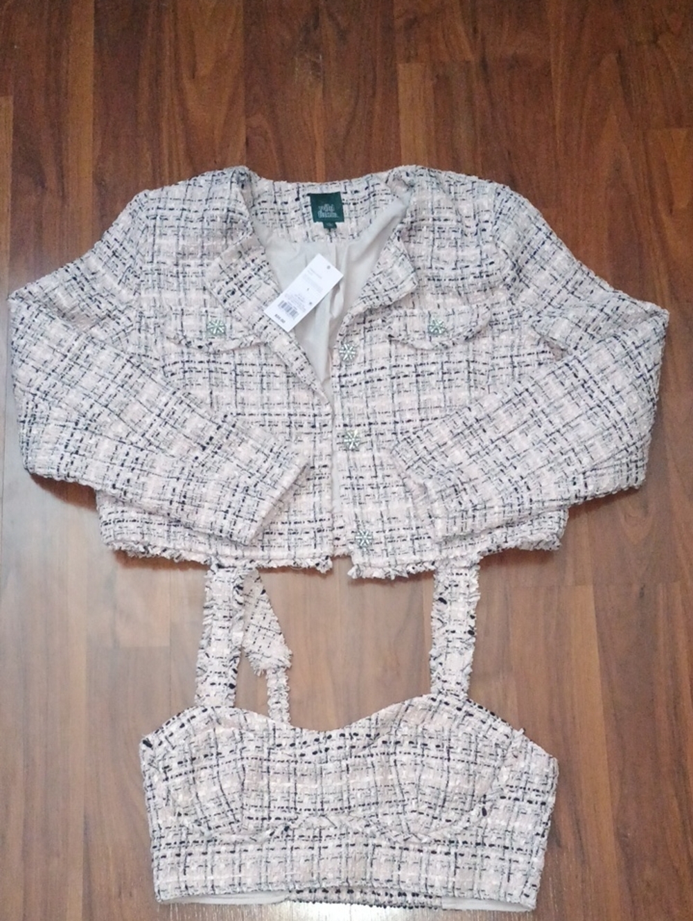 Wild Fable Pink Black & Cream Tweed Crop Top and Matching Jacket Set